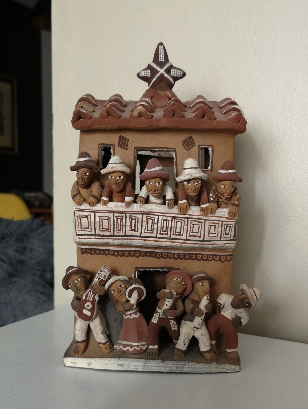 Fantastic Large Vintage Terracotta Peruvian Folk Art Figurine 10 Figures Musical